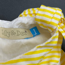 Load image into Gallery viewer, Girls Lily &amp; Dan, lined yellow &amp; white stripe cotton dress, EUC, size 1, L: 43cm