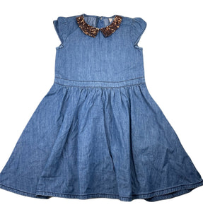 Girls Esprit, sequin trim chambray cotton dress, small marks front skirt, FUC, size 6-7, L: 64cm