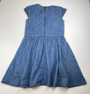 Girls Esprit, sequin trim chambray cotton dress, small marks front skirt, FUC, size 6-7, L: 64cm