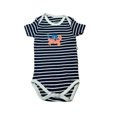 Boys PIMPOLHO, navy stripe soft cotton bodysuit / romper, EUC, size 0,  