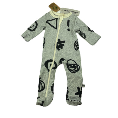unisex Milk & Masuki, organic cotton zip romper, hashtag meterage (print placement may vary), NEW, size 0000,  