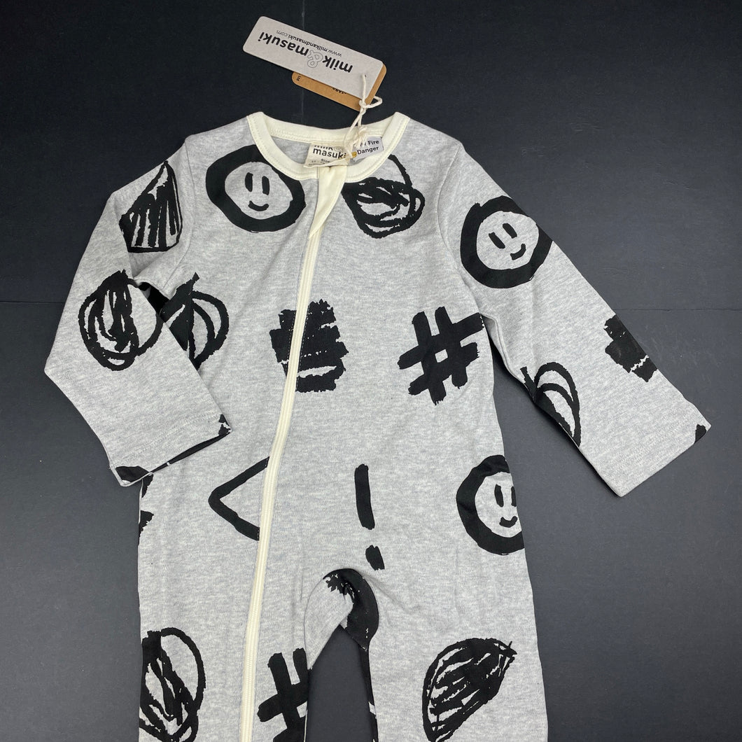 unisex Milk & Masuki, organic cotton zip romper, hashtag meterage (print placement may vary), NEW, size 1,  
