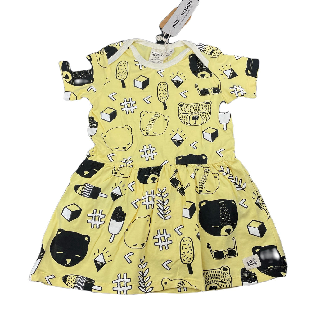 Girls Milk & Masuki, organic cotton blend romper dress, bears picnic, NEW, size 2, L: 48cm