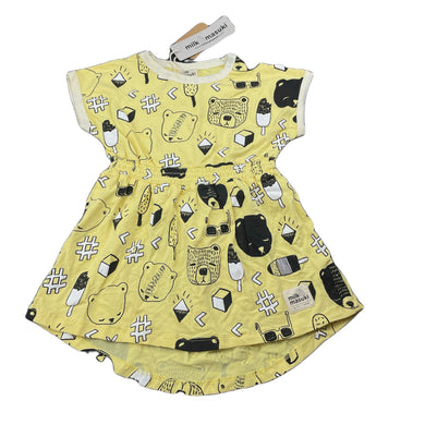 Girls Milk & Masuki, organic cotton elastic waist dress, bears picnic, NEW, size 2, L: 45cm at front