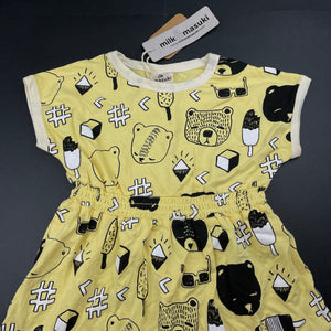 Girls Milk & Masuki, organic cotton elastic waist dress, bears picnic, NEW, size 2, L: 45cm at front