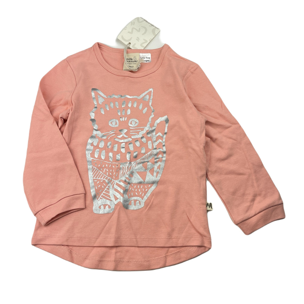 Girls Milk & Masuki, organic cotton long sleeve top, cat, NEW, size 3,  