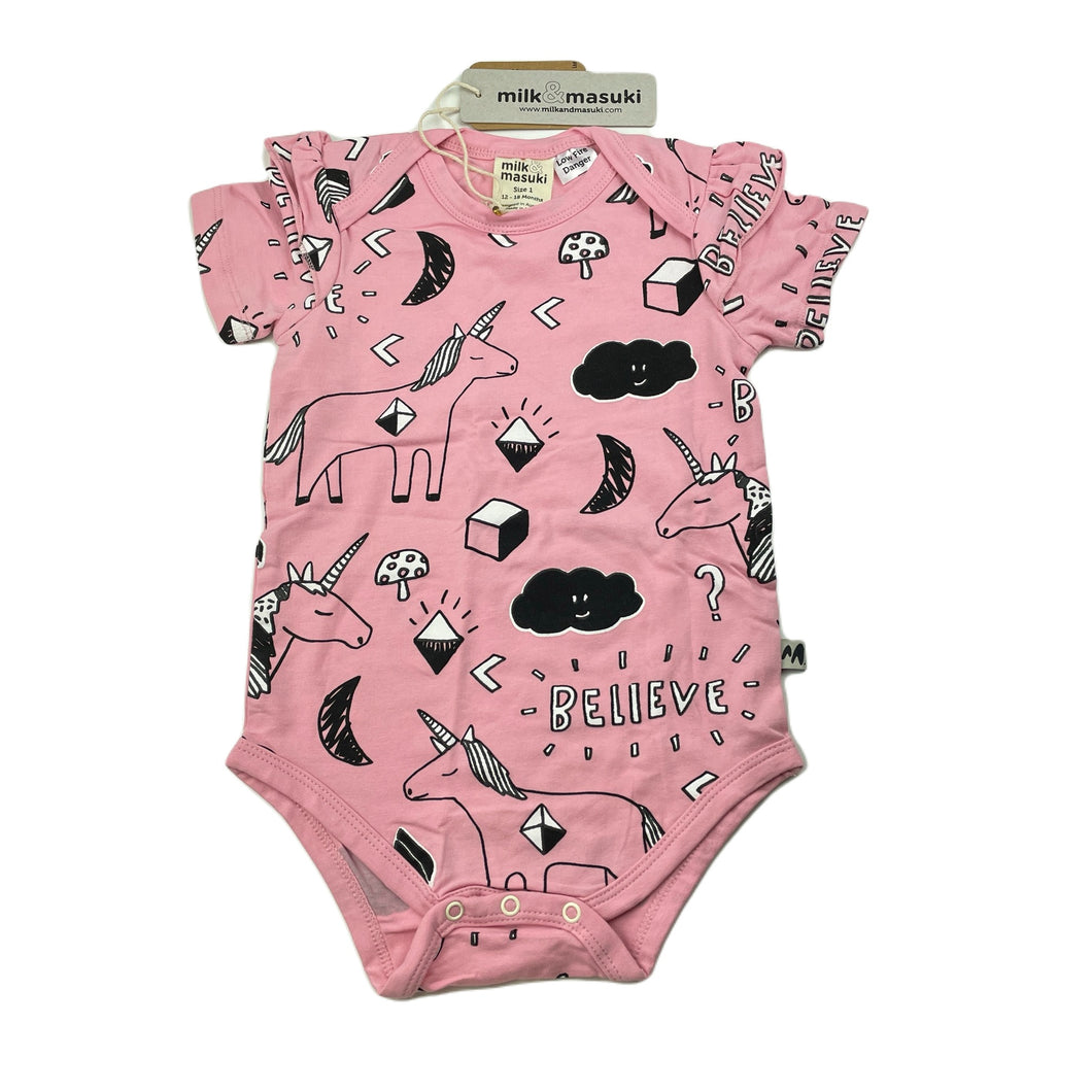 Girls Milk & Masuki, organic cotton ruffle romper, believe, NEW, size 1,  