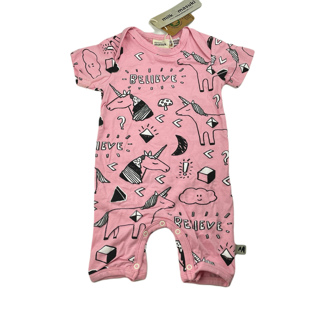 Girls Milk & Masuki, pink organic cotton romper, believe, NEW, size 0,  