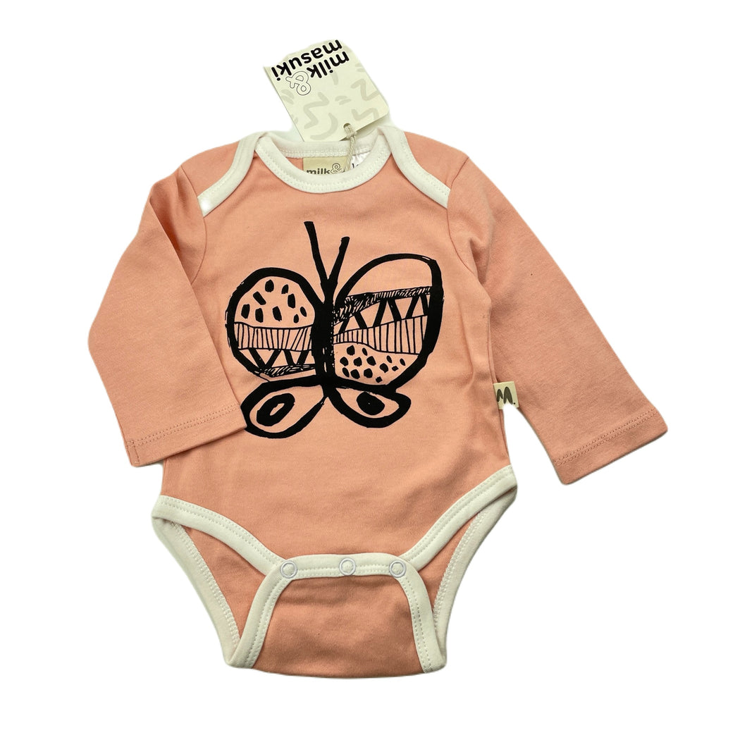 Girls Milk & Masuki, soft organic cotton bodysuit / romper, butterfly, NEW, size 000,  