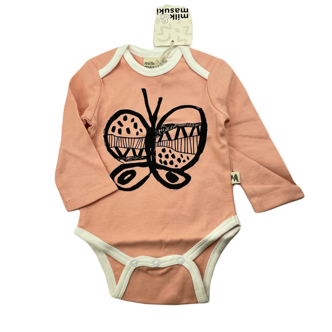 Girls Milk & Masuki, soft organic cotton bodysuit / romper, butterfly, NEW, size 00,  