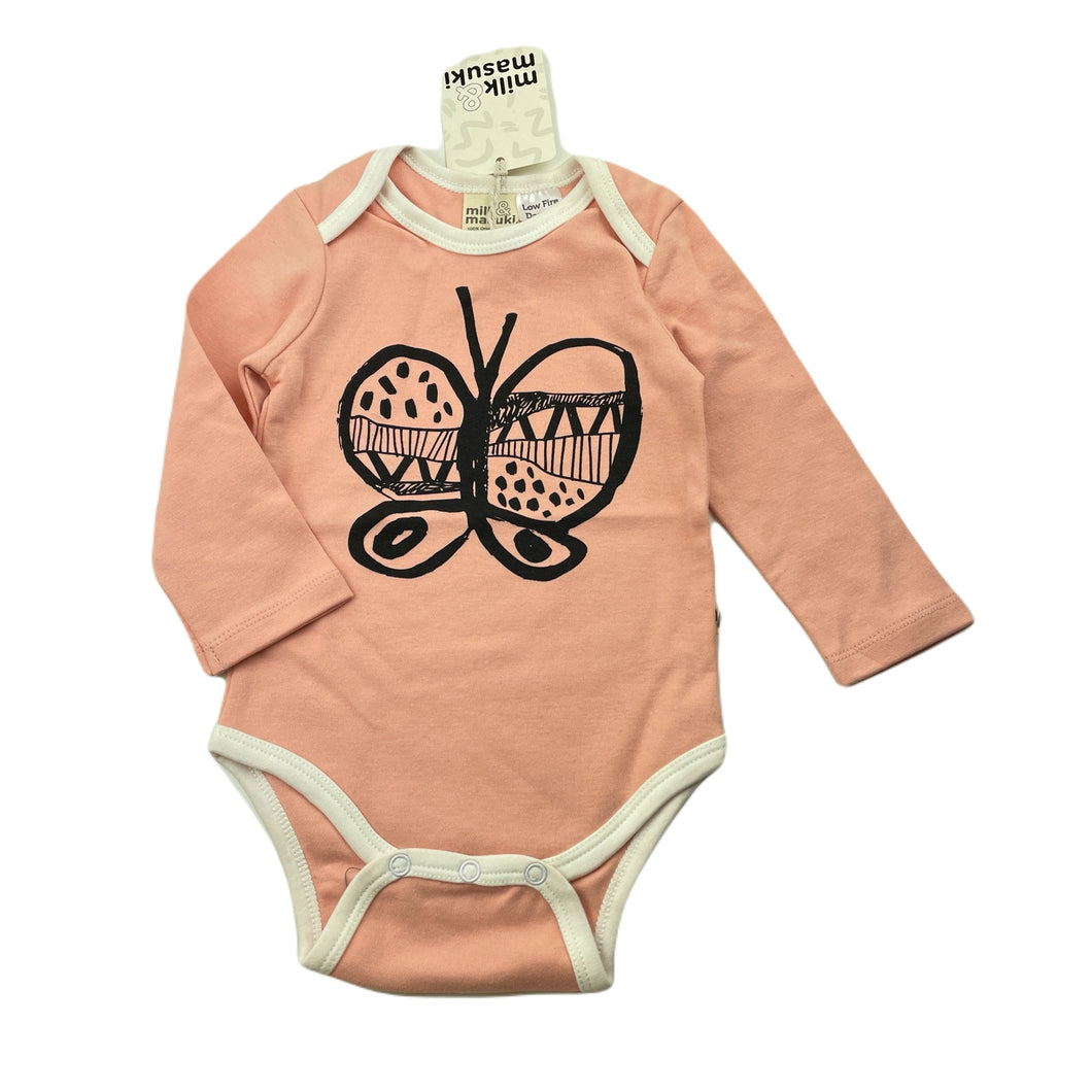 Girls Milk & Masuki, soft organic cotton bodysuit / romper, butterfly, NEW, size 0,  