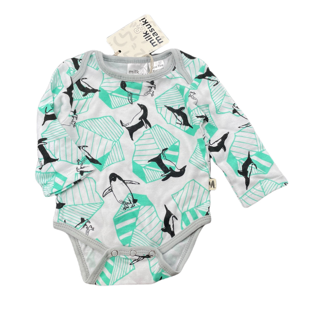 unisex Milk & Masuki, organic cotton bodysuit/romper, penguins, NEW, size 000,  