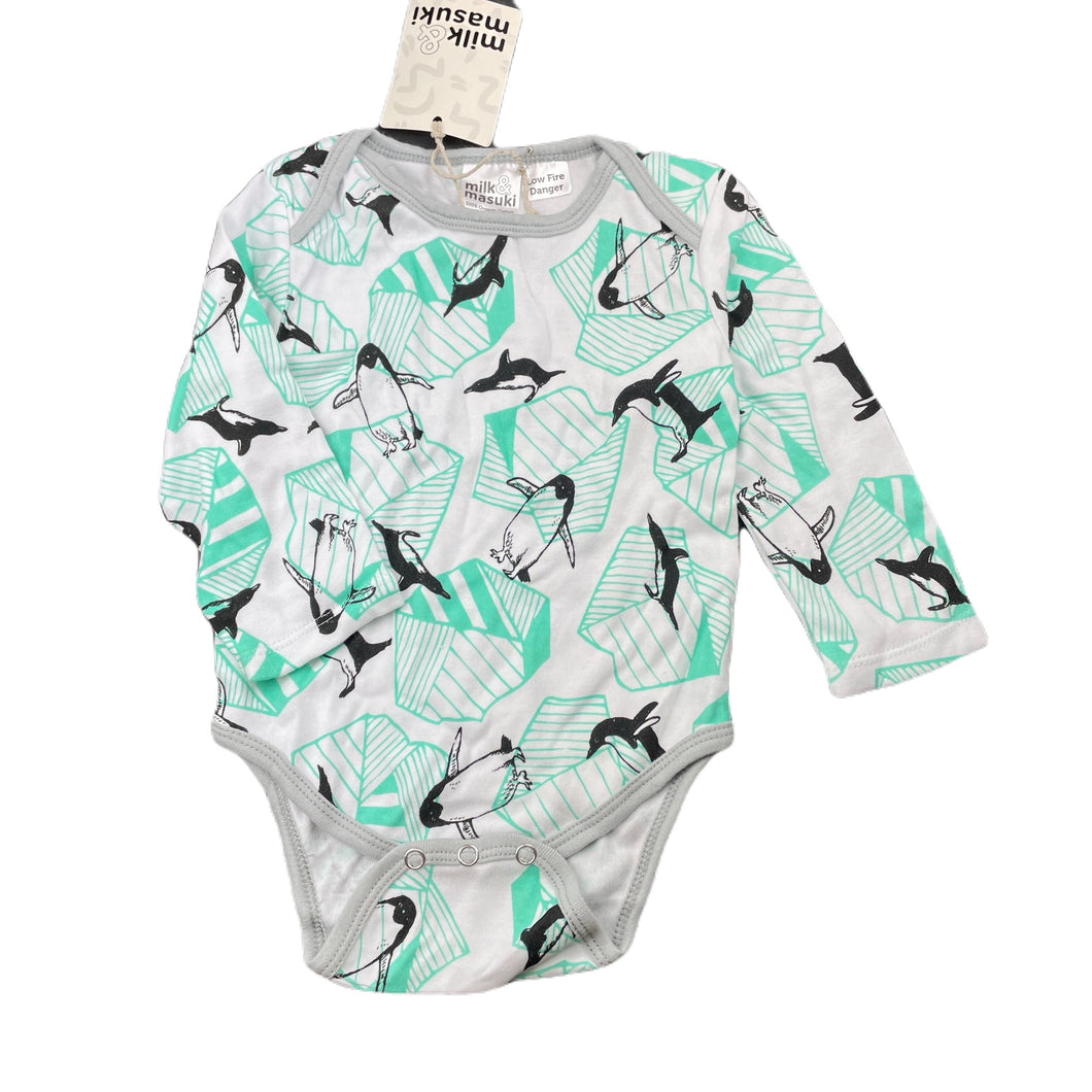 unisex Milk & Masuki, organic cotton bodysuit/romper, penguins, NEW, size 0,  