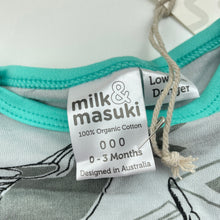 Load image into Gallery viewer, unisex Milk &amp; Masuki, soft feel organic cotton bodysuit/romper, whales, NEW, size 000,  