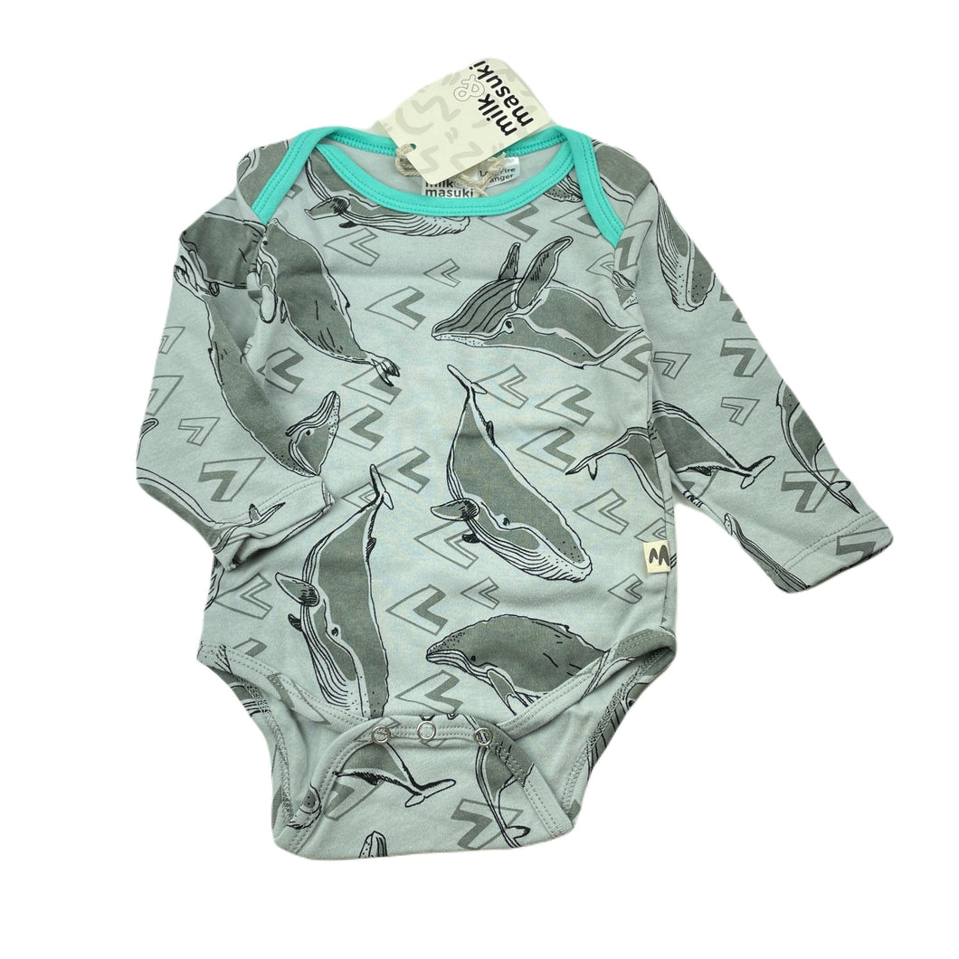 unisex Milk & Masuki, soft feel organic cotton bodysuit/romper, whales, NEW, size 00,  