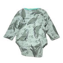 Load image into Gallery viewer, unisex Milk &amp; Masuki, soft feel organic cotton bodysuit/romper, whales, NEW, size 00,  