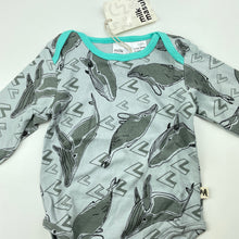 Load image into Gallery viewer, unisex Milk &amp; Masuki, soft feel organic cotton bodysuit/romper, whales, NEW, size 0,  
