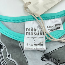 Load image into Gallery viewer, unisex Milk &amp; Masuki, soft feel organic cotton bodysuit/romper, whales, NEW, size 0,  