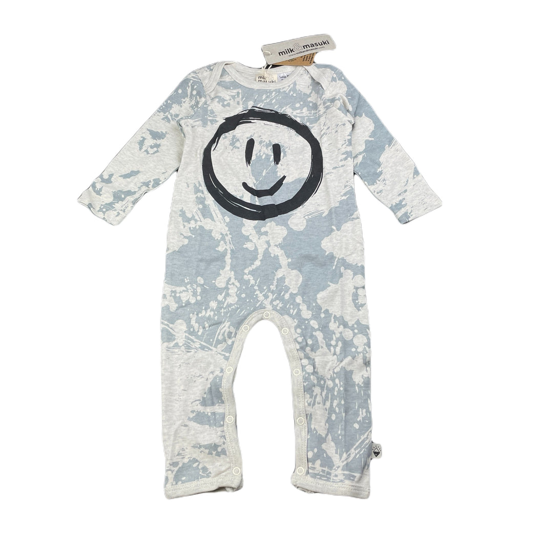 unisex Milk & Masuki, organic cotton romper, splatter smiley, NEW, size 0,  