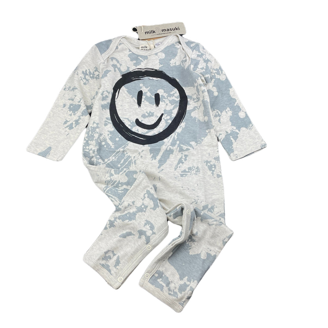 unisex Milk & Masuki, organic cotton romper, splatter smiley, NEW, size 1,  