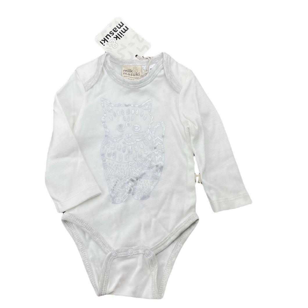 unisex Milk & Masuki, soft feel organic cotton bodysuit/romper, cat, NEW, size 000,  