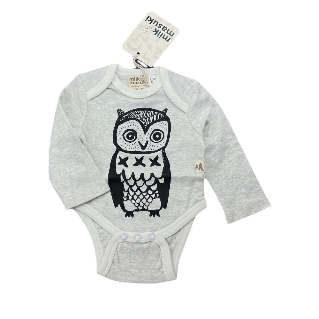 unisex Milk & Masuki, soft feel organic cotton bodysuit/romper, owl, NEW, size 0000,  