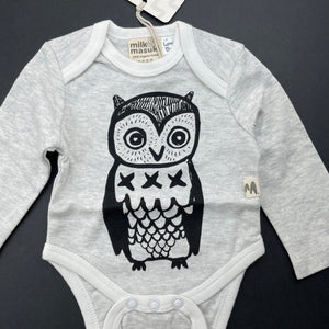 unisex Milk & Masuki, soft feel organic cotton bodysuit/romper, owl, NEW, size 0000,  