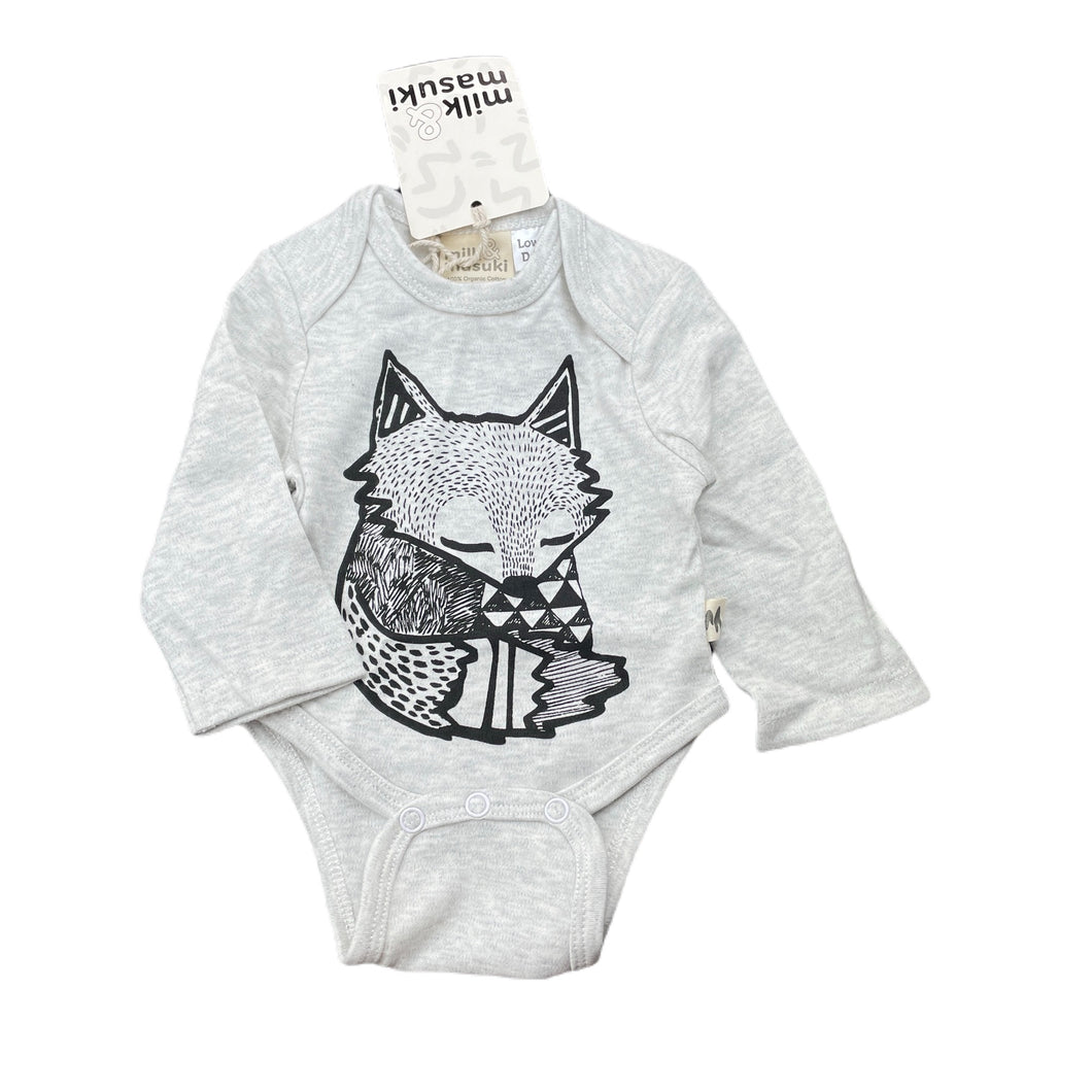 unisex Milk & Masuki, soft feel organic cotton bodysuit/romper, fox, NEW, size 0000,  
