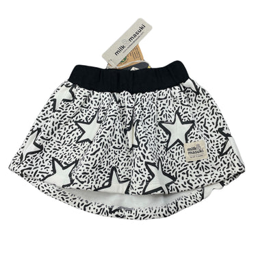 Girls Milk & Masuki, fleece lined organic cotton skirt, stars, elasticated, L: 22cm at front, NEW, size 2,  