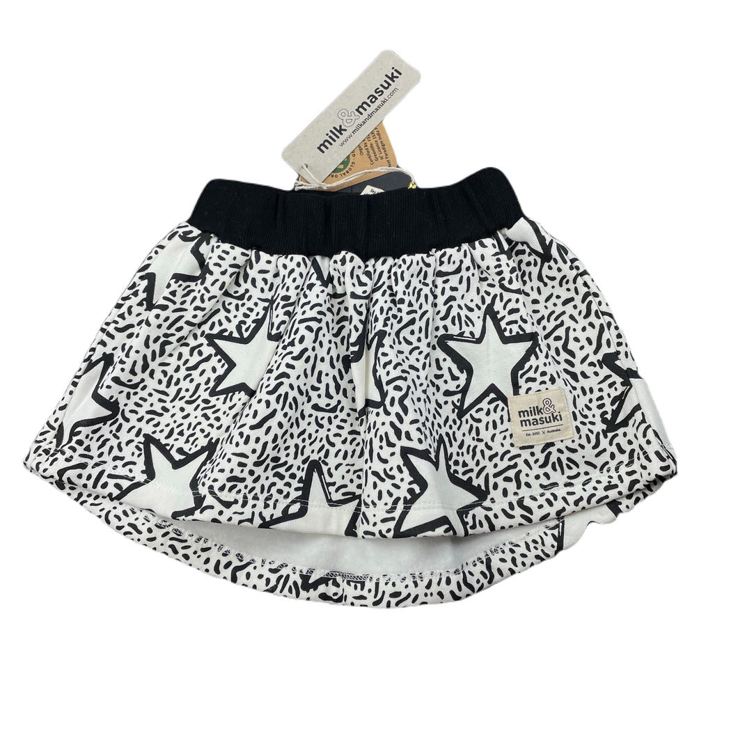 Girls Milk & Masuki, fleece lined organic cotton skirt, stars, elasticated, L: 22cm at front, NEW, size 2,  