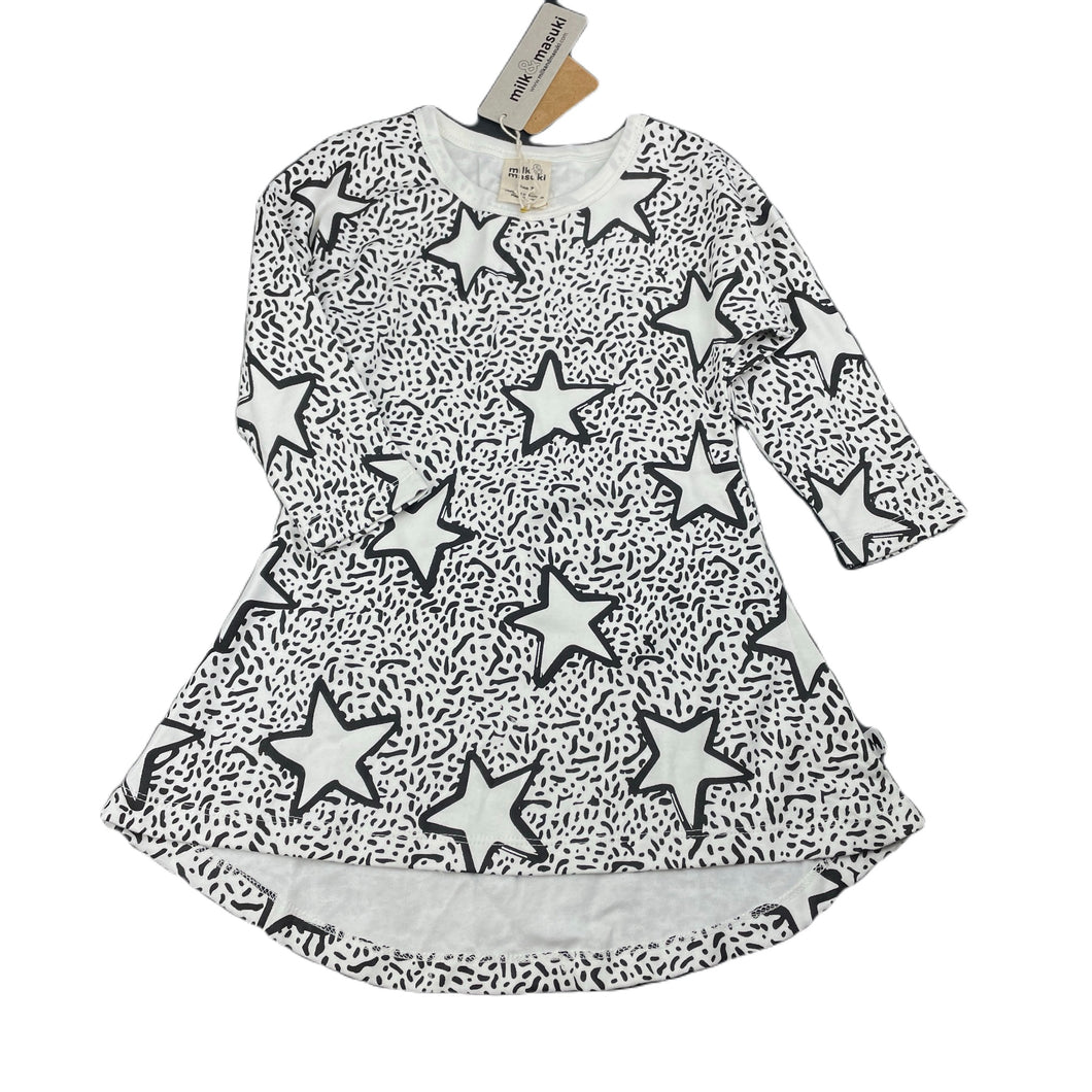 Girls Milk & Masuki, organic cotton blend long sleeve dress, stars, NEW, size 3, L: 48cm at front