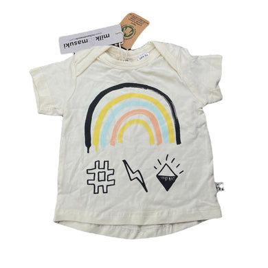 unisex Milk & Masuki, stretchy organic cotton blend t-shirt, rainbow, NEW, size 00,  