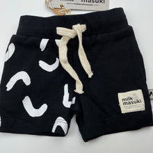 Load image into Gallery viewer, unisex Milk &amp; Masuki, organic cotton shorts, elasticated, squiggle, NEW, size 000,  