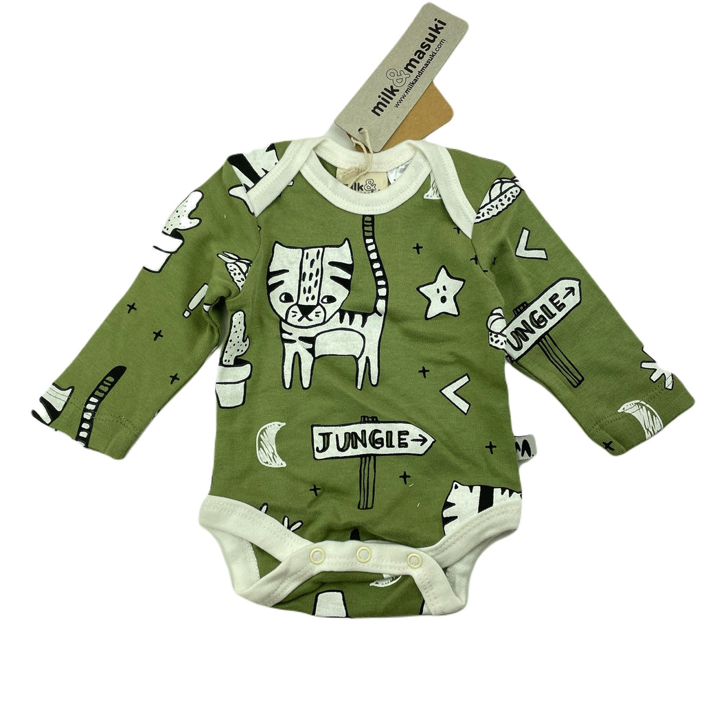 unisex Milk & Masuki, organic cotton bodysuit/romper, tiger dreaming (print placement may vary), NEW, size 0000,  