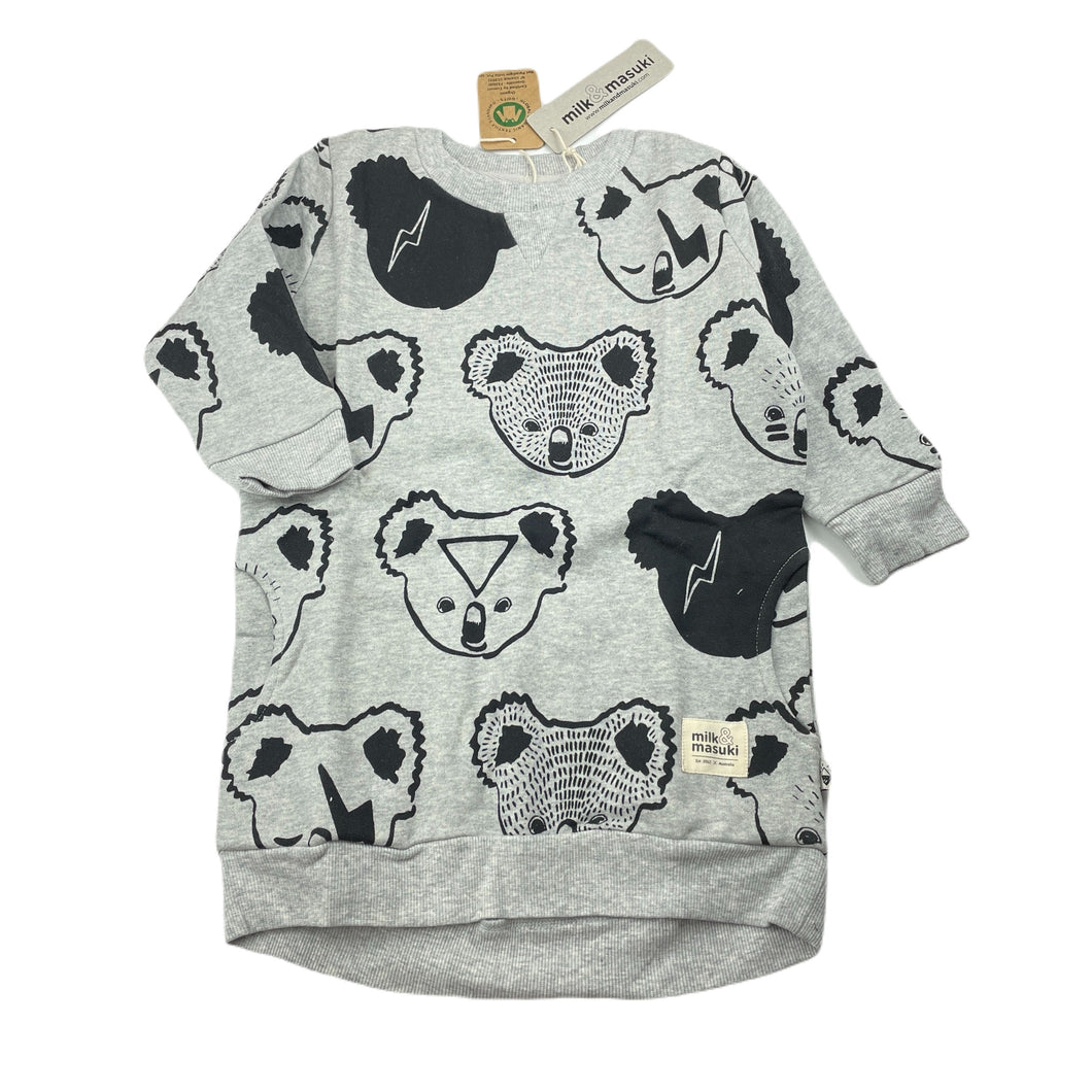 Girls Milk & Masuki, fleece lined organic cotton sweater dress, koalas, NEW, size 2, L: 50cm at front