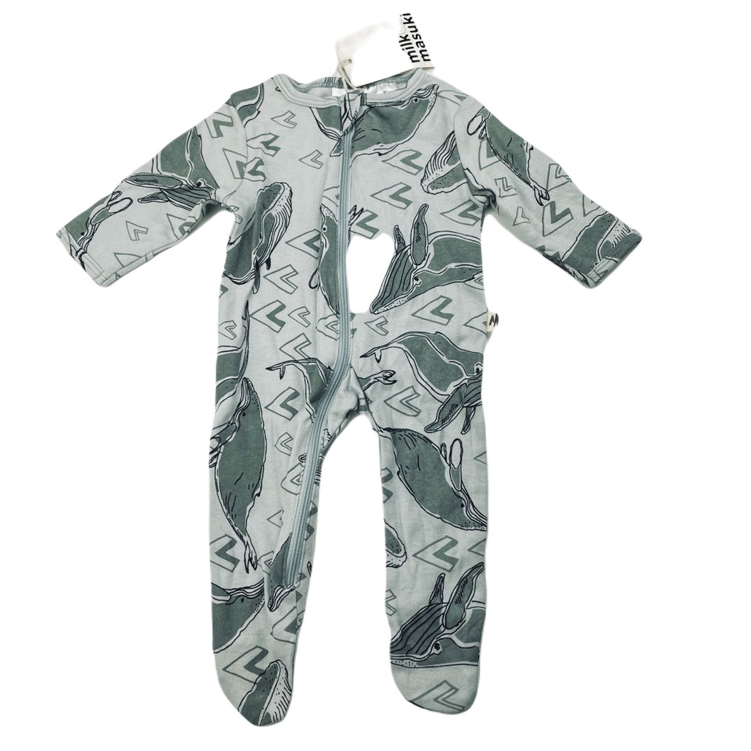 unisex Milk & Masuki, organic cotton zip coverall / romper, whales, NEW, size 0000,  