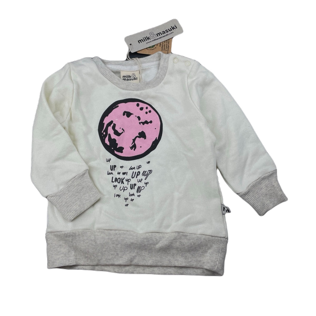 Girls Milk & Masuki, fleece lined organic cotton sweater, world, NEW, size 1,  
