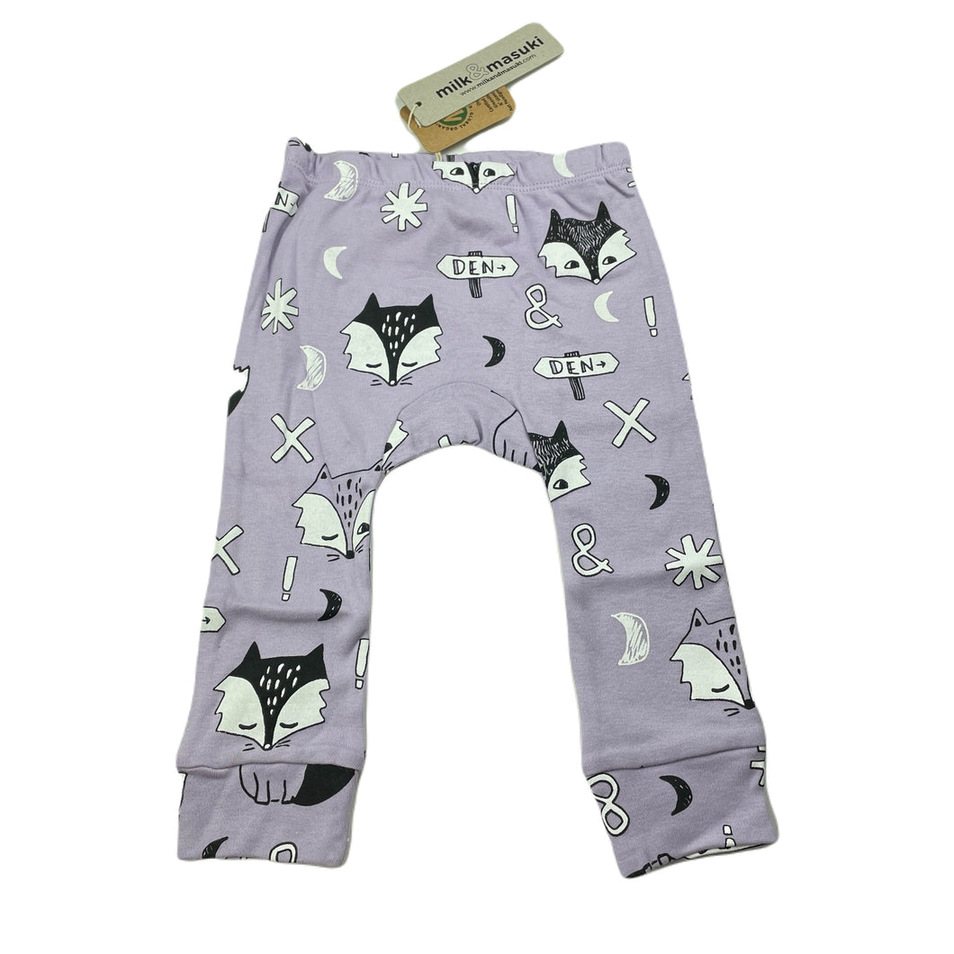 unisex Milk & Masuki, organic cotton leggings/bottoms, fox dreaming, NEW, size 1,  