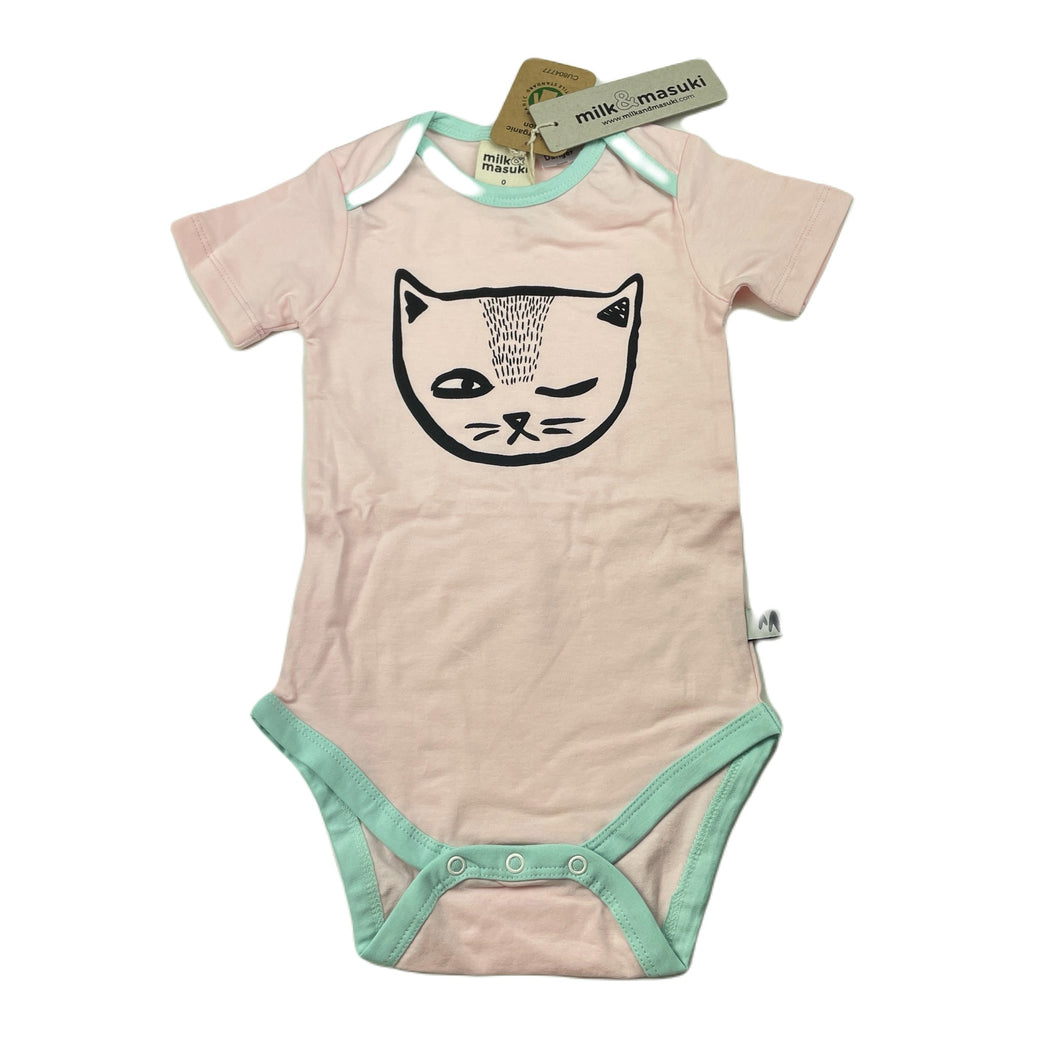 Girls Milk & Masuki, stretchy organic cotton bodysuit, cheeky cat, NEW, size 0,  
