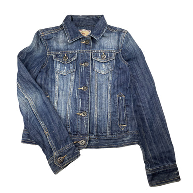 Girls HTG 81, distressed denim jacket, Sz:M, armpit to armpit: 34cm, shoulder to cuff: 53.5cm, GUC, size 10-12,  