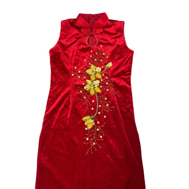 Girls red, velvet & gold sequin dress, EUC, size 5, L: 63cm