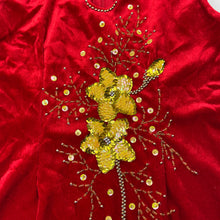 Load image into Gallery viewer, Girls red, velvet &amp; gold sequin dress, EUC, size 5, L: 63cm
