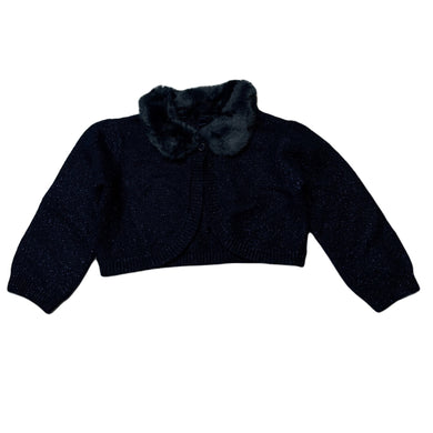 Girls M&S, navy metallic knit cardigan, faux fur collar, EUC, size 2-3,  