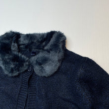 Load image into Gallery viewer, Girls M&amp;S, navy metallic knit cardigan, faux fur collar, EUC, size 2-3,  