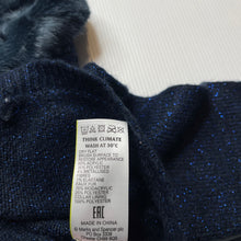 Load image into Gallery viewer, Girls M&amp;S, navy metallic knit cardigan, faux fur collar, EUC, size 2-3,  