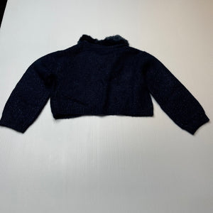 Girls M&S, navy metallic knit cardigan, faux fur collar, EUC, size 2-3,  