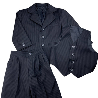 Boys navy, pin stripe suit jacket, waistcoat & pants, elasticated, Inside leg: 32cm, EUC, size 3,  