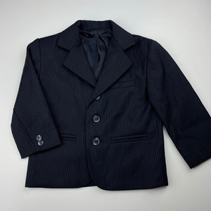 Boys navy, pin stripe suit jacket, waistcoat & pants, elasticated, Inside leg: 32cm, EUC, size 3,  