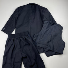 Load image into Gallery viewer, Boys navy, pin stripe suit jacket, waistcoat &amp; pants, elasticated, Inside leg: 32cm, EUC, size 3,  