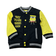 Load image into Gallery viewer, unisex Nickelodeon, Sponge Bob Square Pants fleece lined varsity jacket, EUC, size 3,  